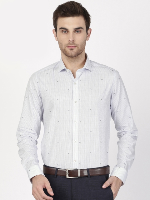 

SIMON CARTER LONDON Men White & Blue Slim Striped Crow Print Formal Shirt