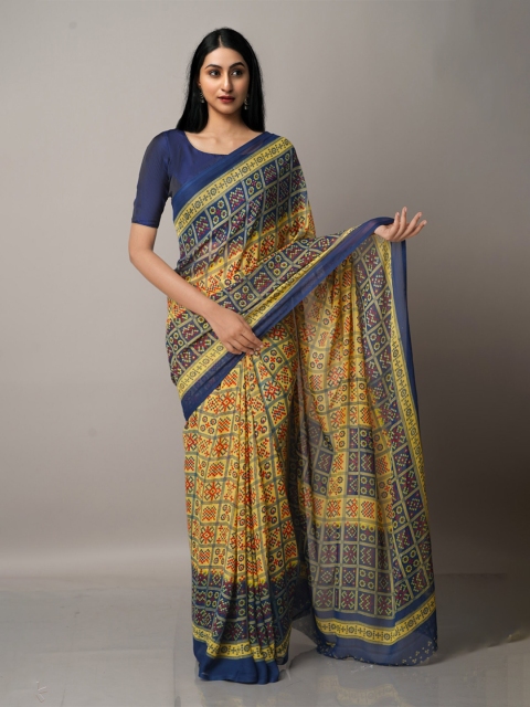 

Unnati Silks Yellow & Blue Bandhani Block Print Saree