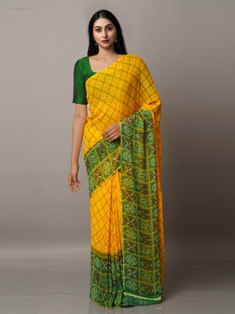 

Unnati Silks Yellow & Green Bandhani Block Print Saree