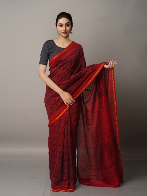 

Unnati Silks Maroon And Black Bagh Print Zari Pure Cotton Chanderi Saree