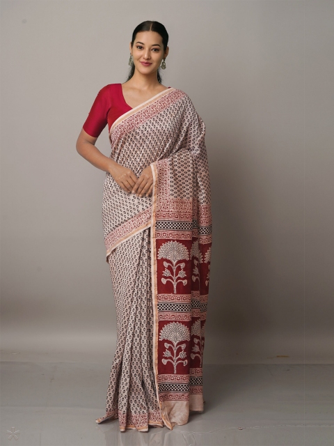 

Unnati Silks Beige And Maroon Bagh Print Zari Pure Cotton Chanderi Saree