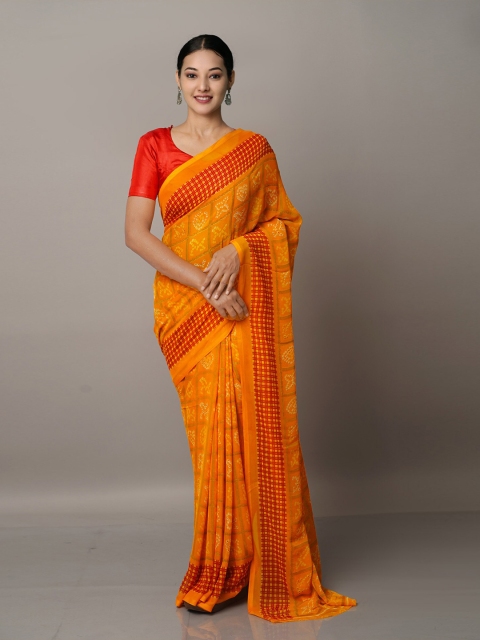 

Unnati Silks Yellow And Red Bandhani Block Print Georgette Saree