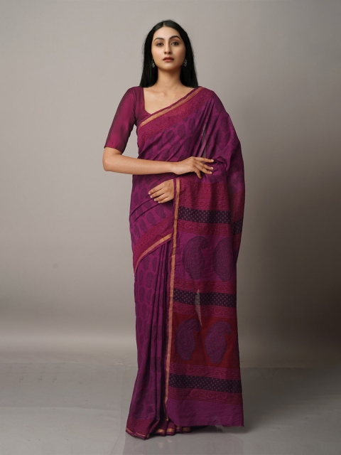 

Unnati Silks Purple And Maroon Bagh Print Zari Chanderi Saree