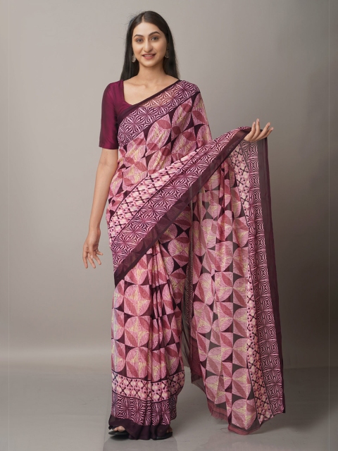 

Unnati Silks Burgundy And Mauve Block Print Georgette Saree