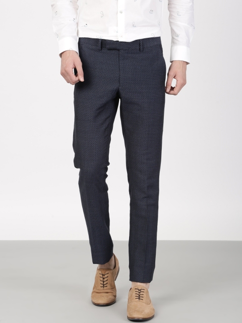 

SIMON CARTER LONDON Men Navy Blue Slim Geometric Jacquard Ceremonial Trousers