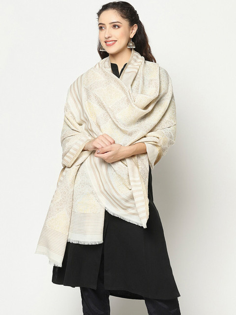 

La Vastraa Women White-Golden Zari Self Design Wool Shawl