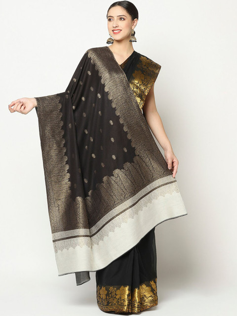 

La Vastraa Women Black & Golden Zari Woven Design Wool Shawl