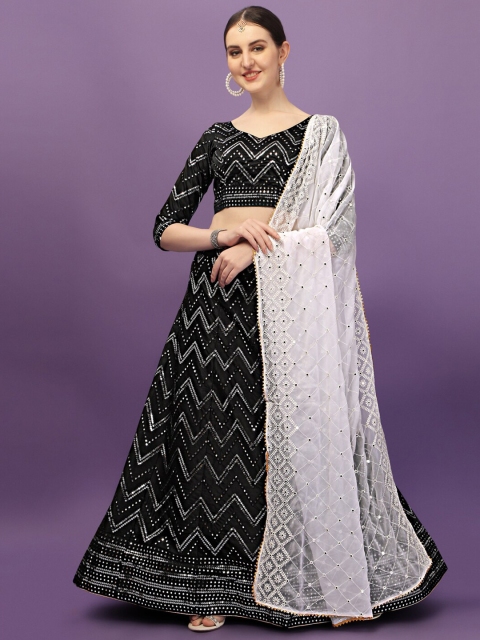 

Fab Dadu Black & White Embroidered Mirror Work Semi-Stitched Lehenga Choli