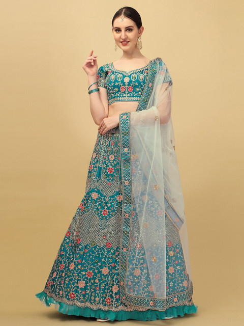 

Fab Dadu Turquoise Blue & Pink Embroidered Thread Work Semi-Stitched Lehenga Choli