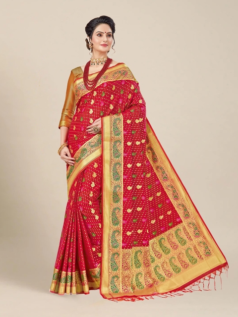 

MS RETAIL Red & Green Ethnic Motifs Zari Silk Blend Banarasi Saree