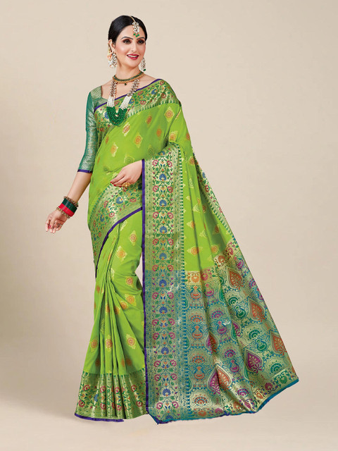 

MS RETAIL Green & Red Ethnic Motifs Zari Silk Blend Banarasi Saree