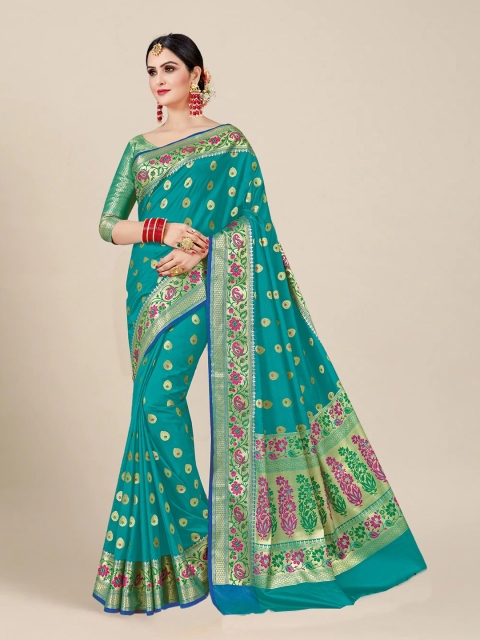 

MS RETAIL Turquoise Blue Ethnic Motifs Zari Silk Blend Banarasi Saree