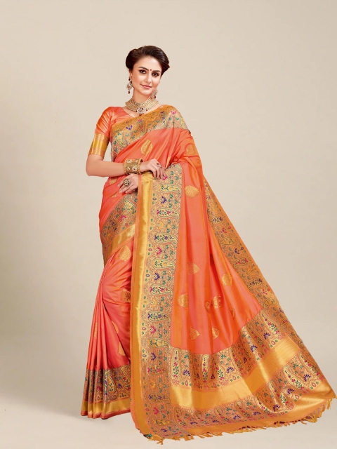 

MS RETAIL Orange Ethnic Motifs Zari Silk Blend Banarasi Saree