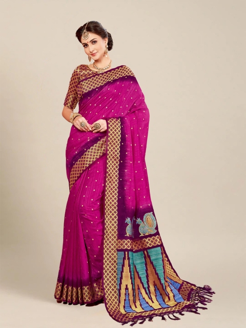 

MS RETAIL Pink & Purple Ethnic Motifs Zari Silk Blend Banarasi Saree