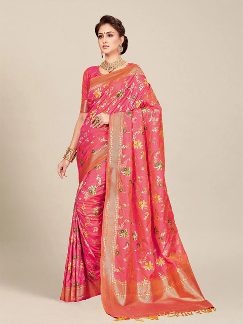 

MS RETAIL Pink & Orange Floral Zari Silk Blend Banarasi Saree
