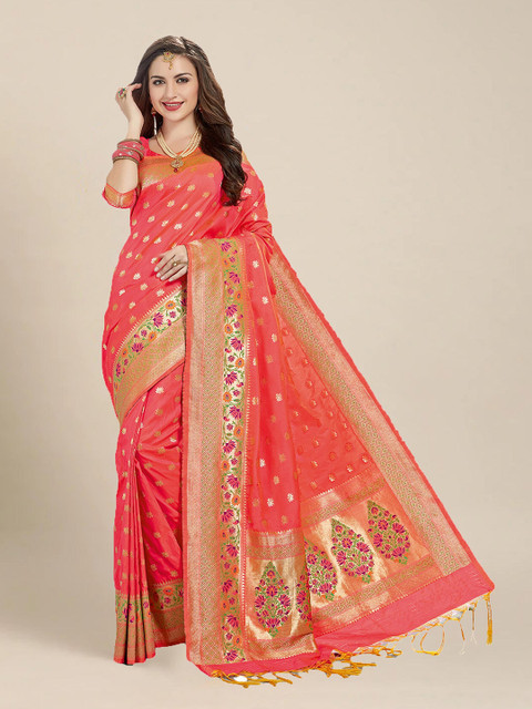 

MS RETAIL Pink Floral Zari Silk Blend Banarasi Saree