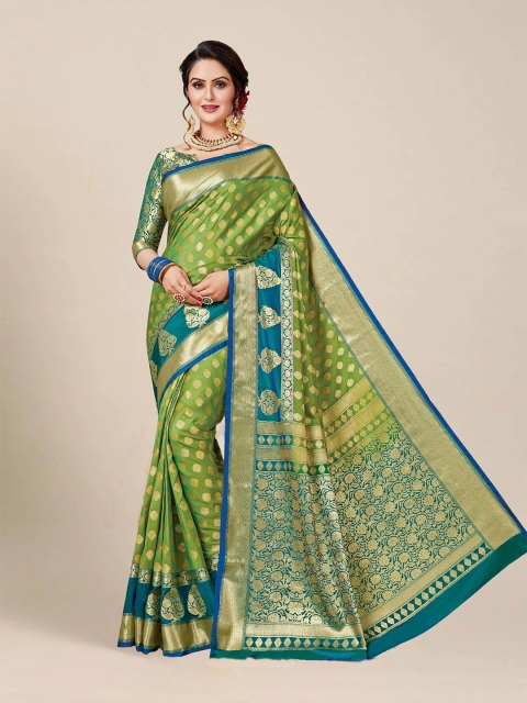 

MS RETAIL Olive Green & Blue Ethnic Motifs Zari Silk Blend Banarasi Saree