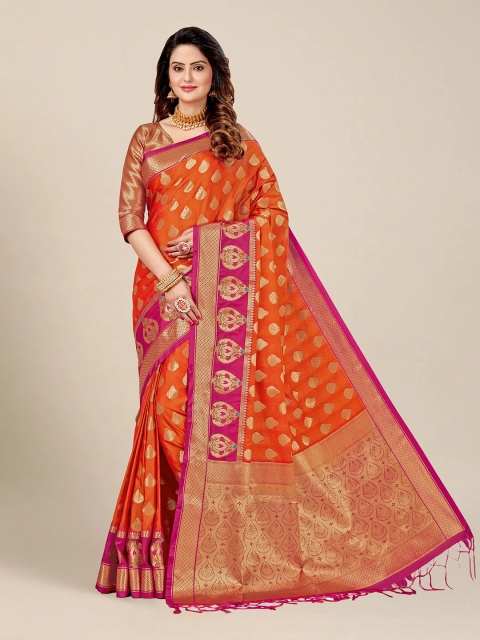 

MS RETAIL Orange & Pink Ethnic Motifs Zari Silk Blend Banarasi Saree