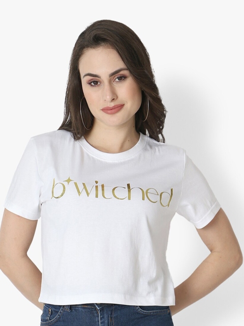 

Again fashions Women White & Gold-Toned Typography Printed Pure Cotton Crop Top