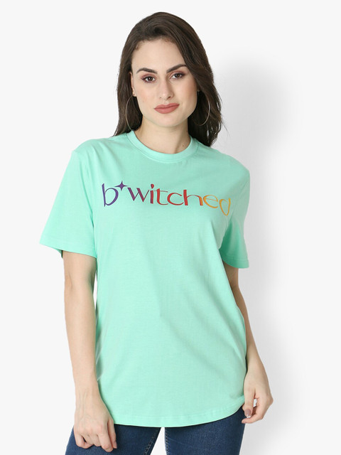 

Again fashions Women Green Typography Printed Cotton T-shirt