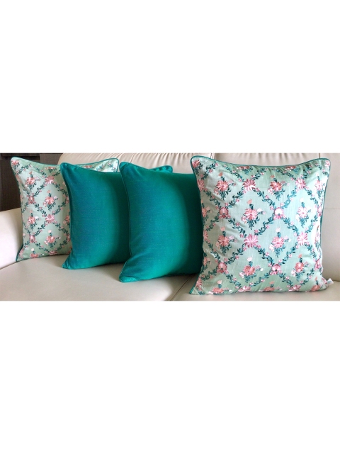 

TARA- Sparkling Homes Set of 4 Floral Square Cushion Covers, Green