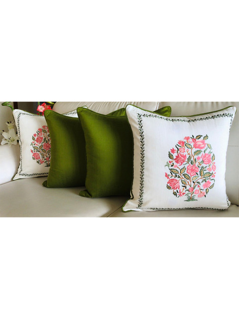 

TARA- Sparkling Homes Set of 4 Floral Embroidered Square Cushion Covers, Green