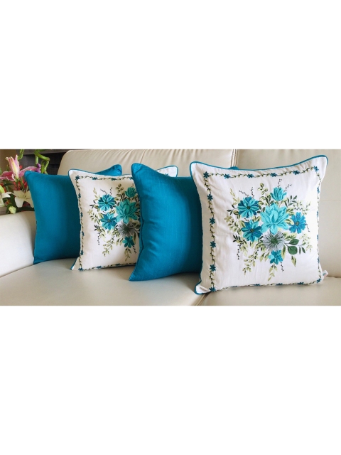 

TARA- Sparkling Homes Set of 4 Floral Embroidered Square Cushion Covers, Blue