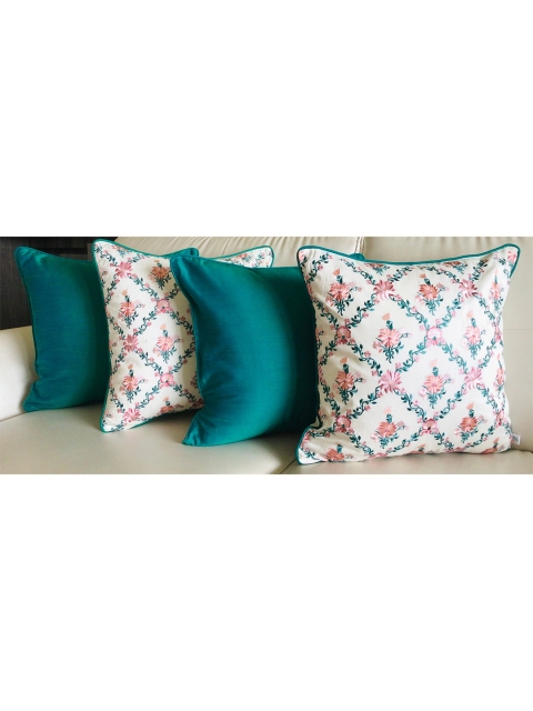 

TARA- Sparkling Homes Set of 4 Floral Square Cushion Covers, Blue