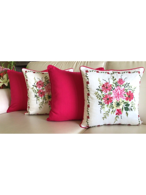

TARA- Sparkling Homes Set of 4 Floral Square Cushion Covers, Pink