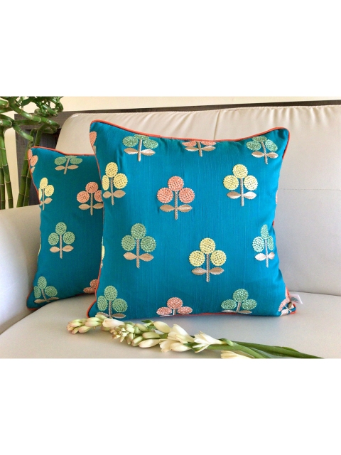 

TARA- Sparkling Homes Blue & Orange Set of 2 Floral Square Cushion Covers
