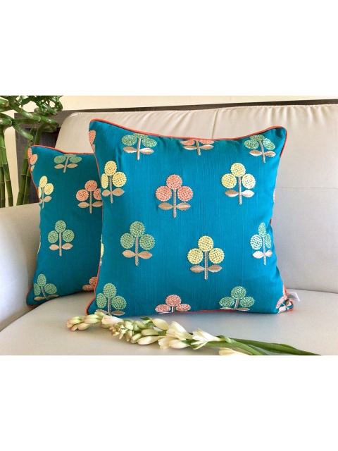 

TARA- Sparkling Homes Set of 2 Floral Square Cushion Covers, Blue