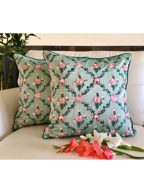 

TARA- Sparkling Homes Set of 2 Floral Square Cushion Covers, Green