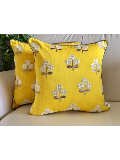 

TARA- Sparkling Homes Set of 2 Embroidered Square Cushion Covers, Yellow