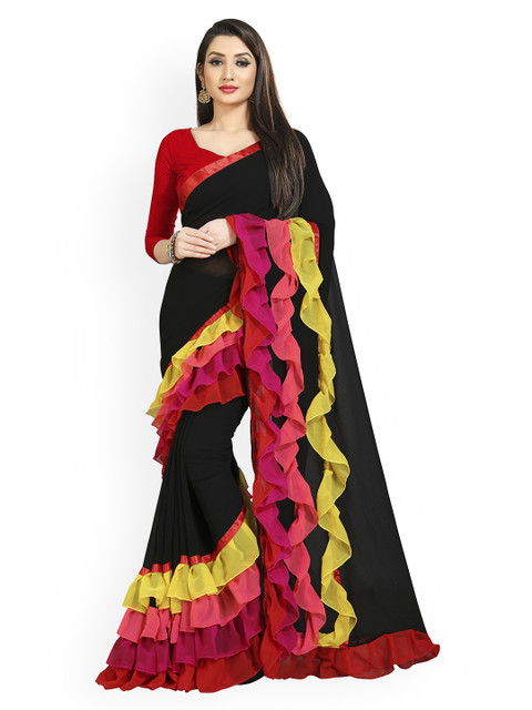 

CLOMITA Black & Pink Ruffle Pure Georgette Saree