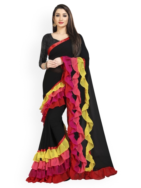 

CLOMITA Black & Pink Ruffle Poly Georgette Saree