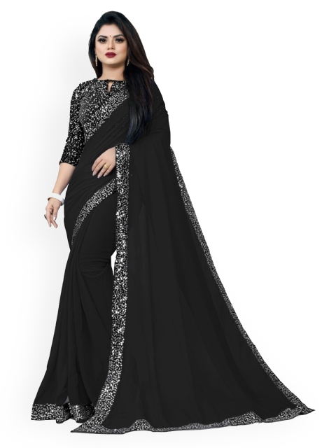 

CLOMITA Black & Silver-Toned Sequinned Pure Georgette Saree