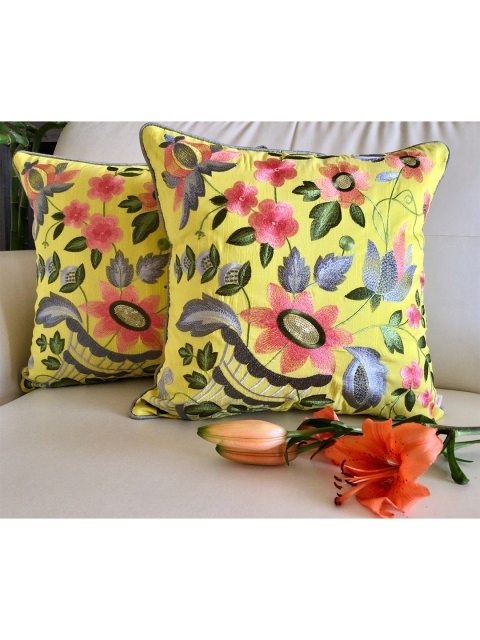 

TARA- Sparkling Homes Yellow & Pink Set of 2 Floral Square Cushion Covers