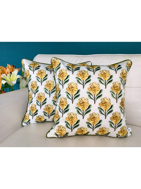 

TARA- Sparkling Homes Set of 2 Floral Square Cushion Covers, Yellow