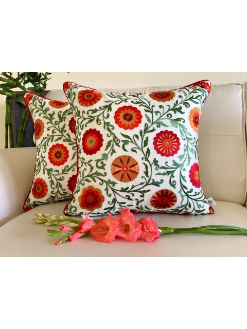 

TARA- Sparkling Homes Set of 2 Floral Embroidered Square Cushion Covers, White