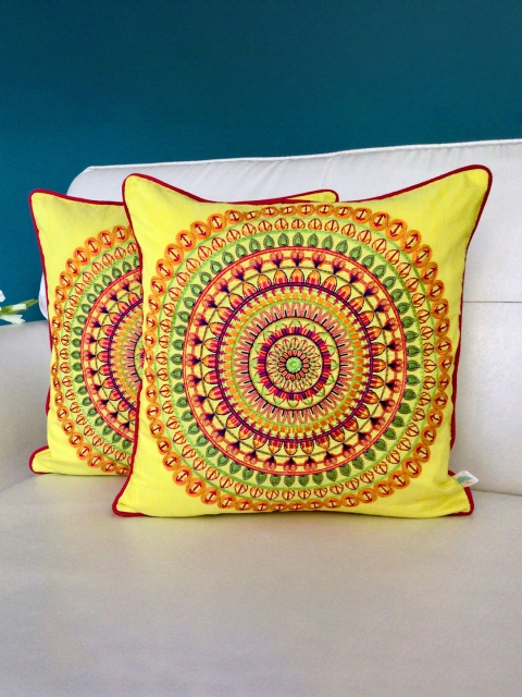 

TARA- Sparkling Homes Set of 2 Geometric Square Cushion Covers, Yellow