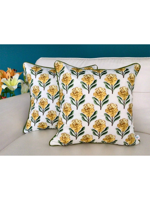 

TARA- Sparkling Homes Set of 2 Floral Square Cushion Covers, Yellow