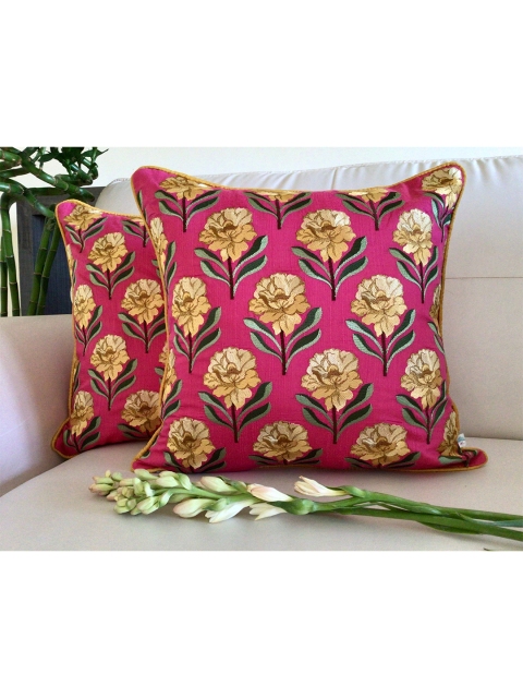 

TARA- Sparkling Homes Set of 2 Floral Embroidered Square Cushion Covers, Pink