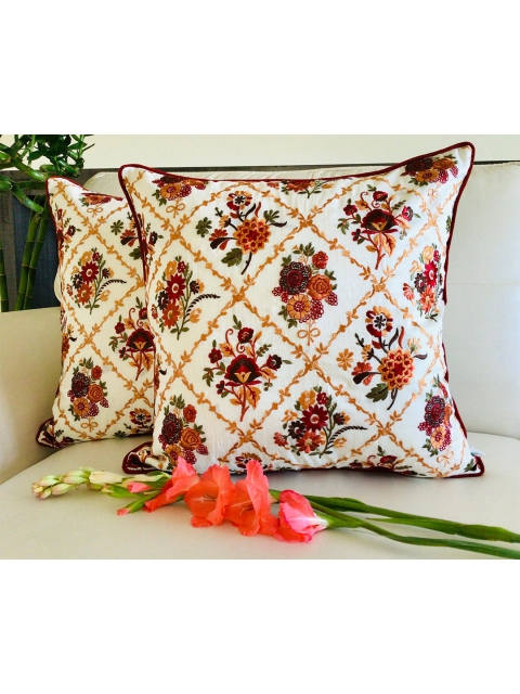 

TARA- Sparkling Homes Set of 2 Floral Square Cushion Covers, Maroon