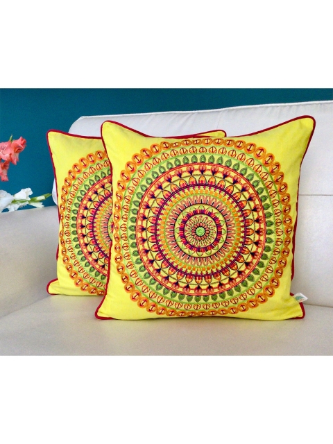 

TARA- Sparkling Homes Set of 2 Geometric Square Cushion Covers, Yellow