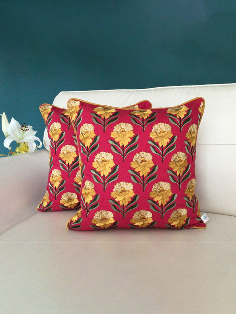 

TARA- Sparkling Homes Set of 2 Floral Square Cushion Covers, Pink
