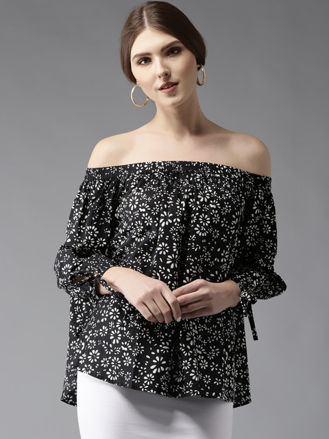 

Moda Rapido Women Black & White Printed Bardot Top