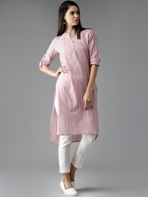 

Moda Rapido Women Pink & White Self-Striped Straight Kurta