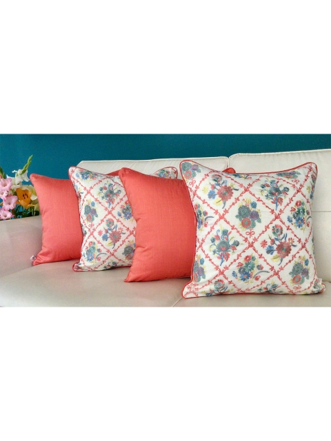 

TARA- Sparkling Homes Set of 4 Floral Square Cushion Covers, Peach