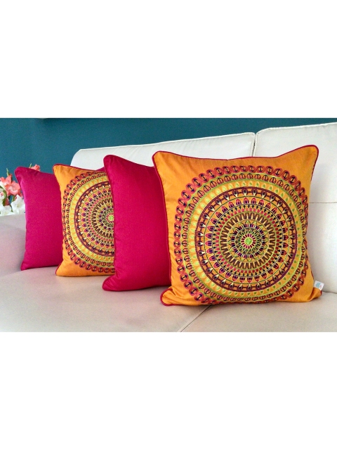 

TARA- Sparkling Homes Set of 4 Geometric Embroidered Square Cushion Covers, Orange