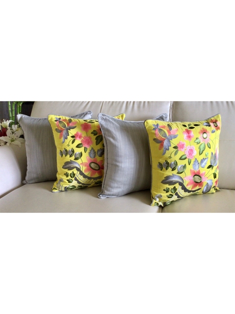 

TARA- Sparkling Homes Set of 4 Floral Square Cushion Covers, Yellow